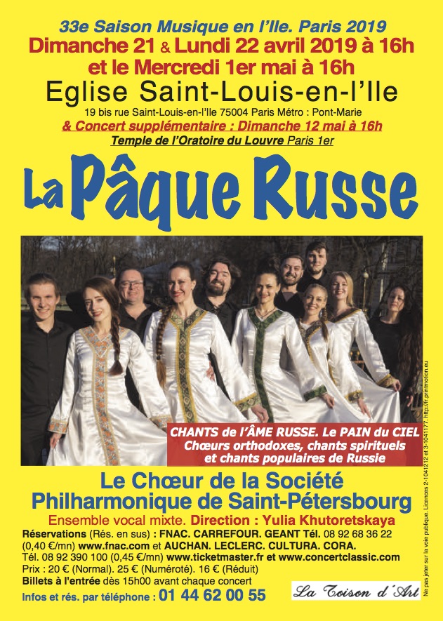 Affiche. Paris. La Pâque Russe. Le Chœur de la Société Philharmonique de Saint-Pétersbourg. 2019-04-21